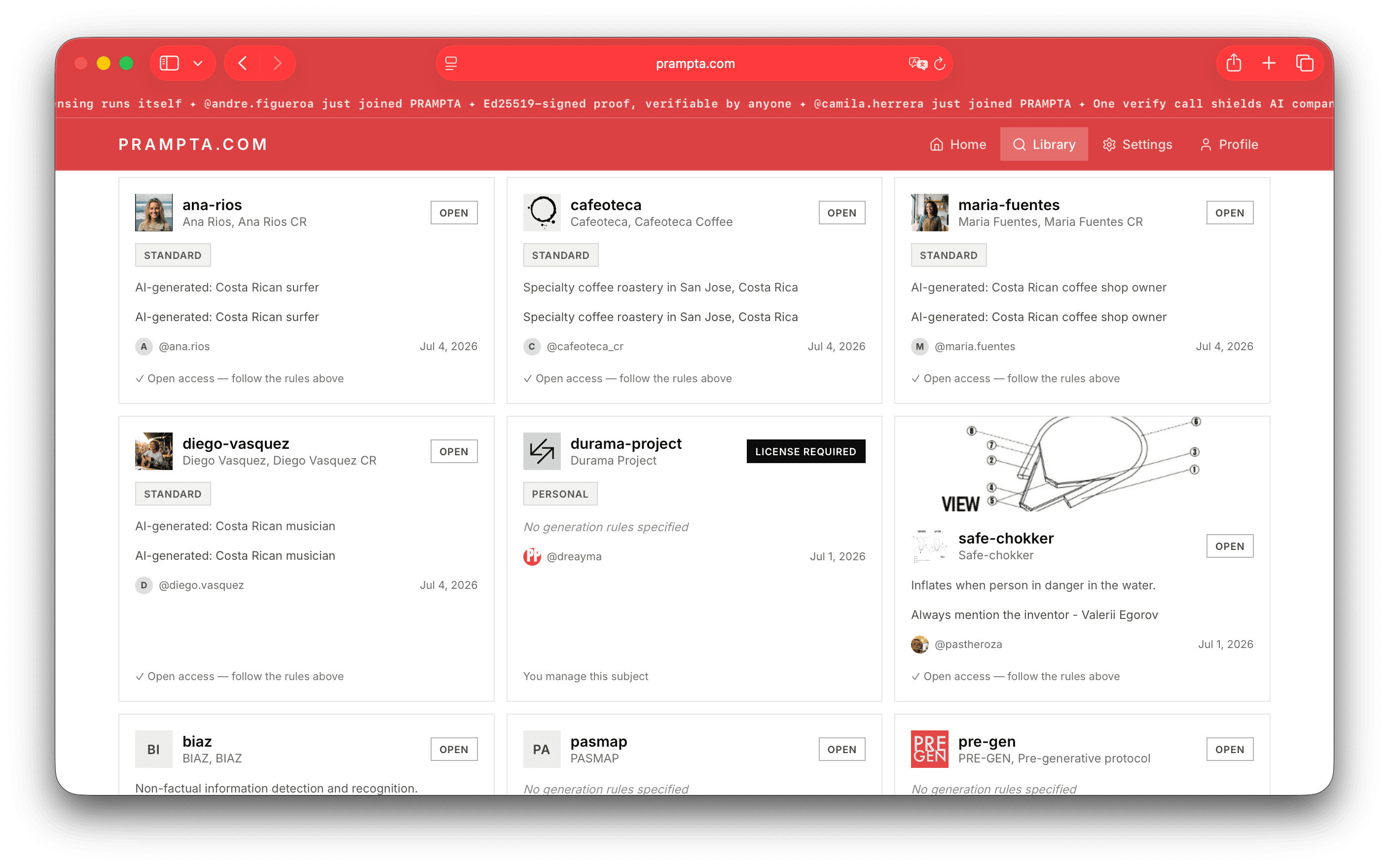 PRAMPTA Library — browse registered identities